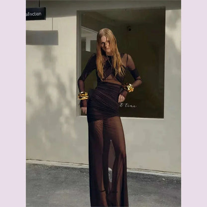 Elegant Mesh Patchwork Long Dresses Bodycon Package Hip Party Club Evening Dress Sexy Double Layer Perspective Vestidos Clothing