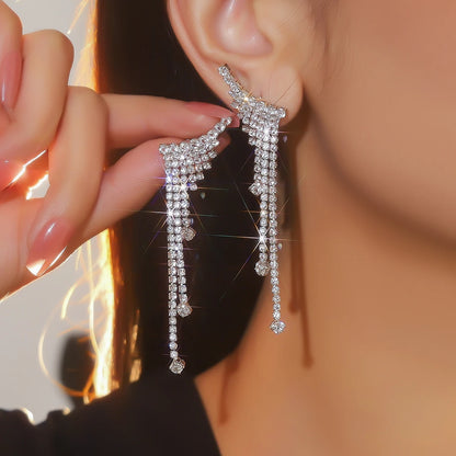 Silver Rhinestones Earrings for Women Sparkly Long Linear Dangle Earrings Dangle Tassels Statement Earrings Bridal Wedding