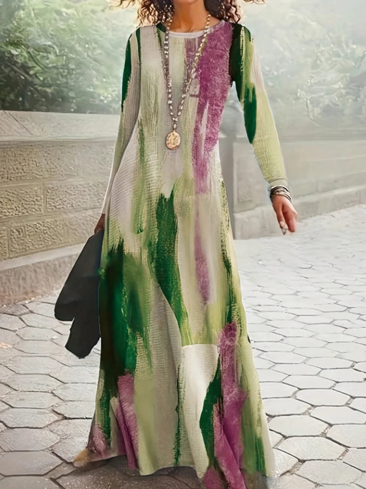 Graffiti Printed Elegant Dresses For Women Casual Long Sleeve Dresses Y2K Temperament  Famale Fashion O-Neck Clothing 2025 New