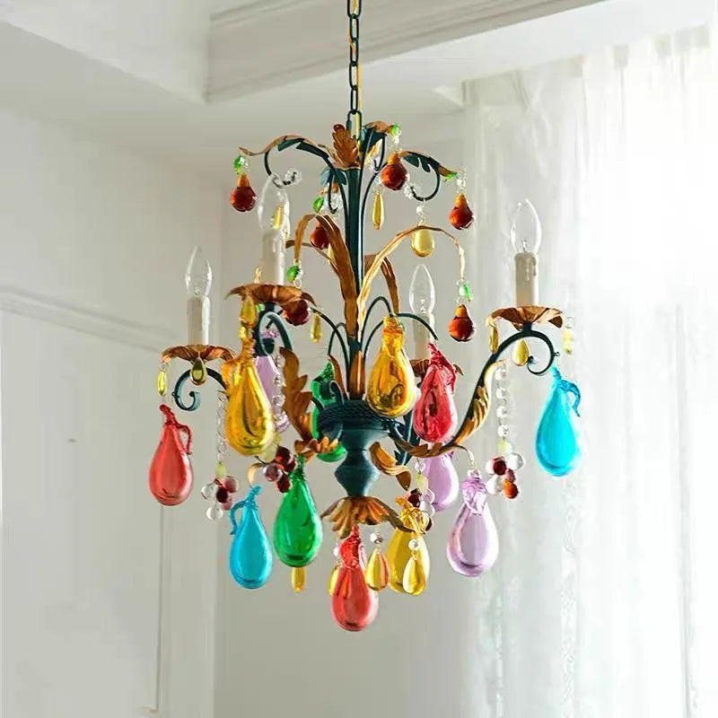 French Colorful Restaurant Chandelier Art Glass Lamp Romantic Bedroom Lamp Retro Colorful Candle Chandelier Crystal Lamp - Kimlud