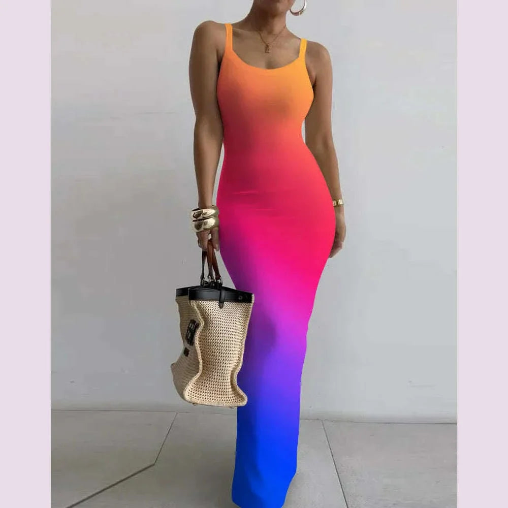 2025 Women s Sleeveless Strap O neck Sexy Belt Colorful Printed Long Skirt Evening Dress Y2k Sleeveless Solid Color Tight Fit