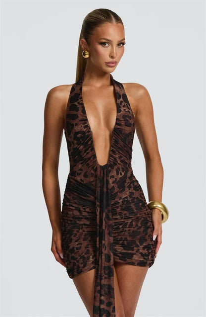 Mozision Leopard Print Draped Ruched Sexy Mini Dress Women Gown Elegant Halter Deep V Neck Sleeveless Backless Club Party Dress