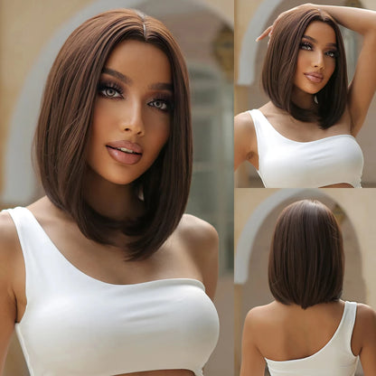 Short straight synthetic wig Ginger Brown Bob wig with straight bangs Ladies Cosplay daily natural high temperature silk wig