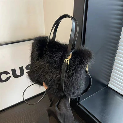 Fairy Handbag Pearl Chain Plush Small Square Bag For Women Fashion Elegant Shoulder Crossbody Bag Autumn Winter Versatile Totes
