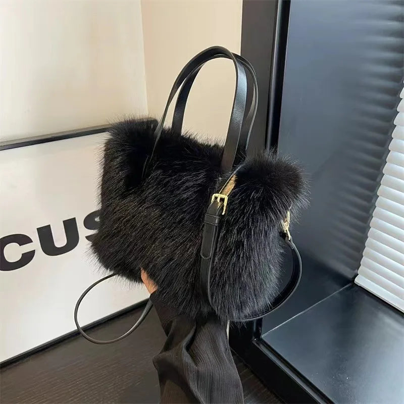 Fairy Handbag Pearl Chain Plush Small Square Bag For Women Fashion Elegant Shoulder Crossbody Bag Autumn Winter Versatile Totes