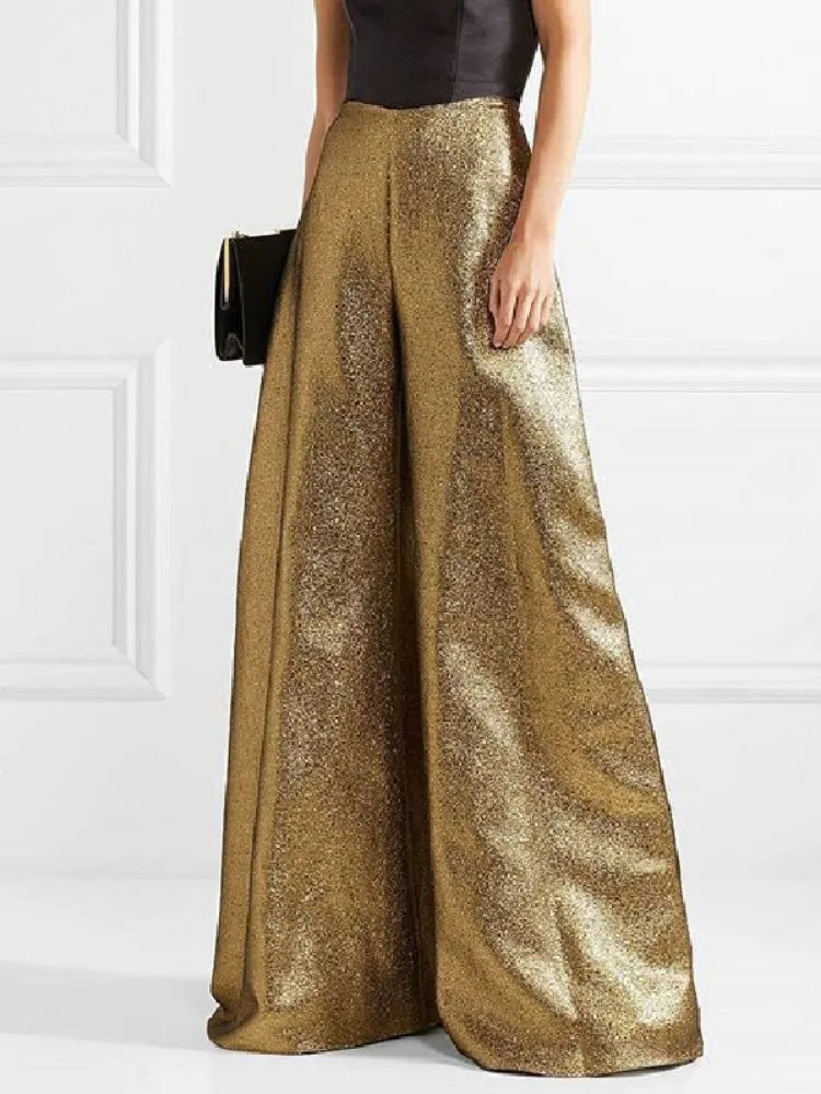 Women's Stylish Party Wear Pants Solid Gold High Waist A-line Wide Leg Pants Zippered Full-length Trousers Casual Pants