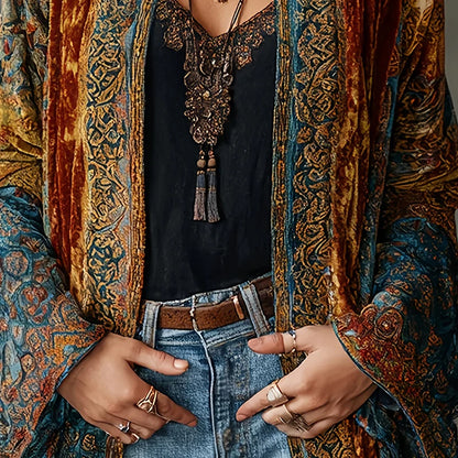 Spring Fashion Velvet Cardigan Coat Women Elegant Stand Collar Retro Floral Pattern Slim Long Sleeve Outerwear Coats Soft Jacket