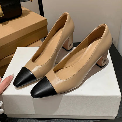 MKKHOU Fashion Shoes New High Quality Genuine Leather Shoes Color blocked Round Head Shallow Mouth High Heels Women's Shoes - Kimlud