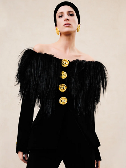 TWOTWINSTYLE Solid Slimming Spliced Metal Buttons Jackets for Women Slash Neck Long Sleeves Patchwork Fur Jacket Female Fashion - Kimlud