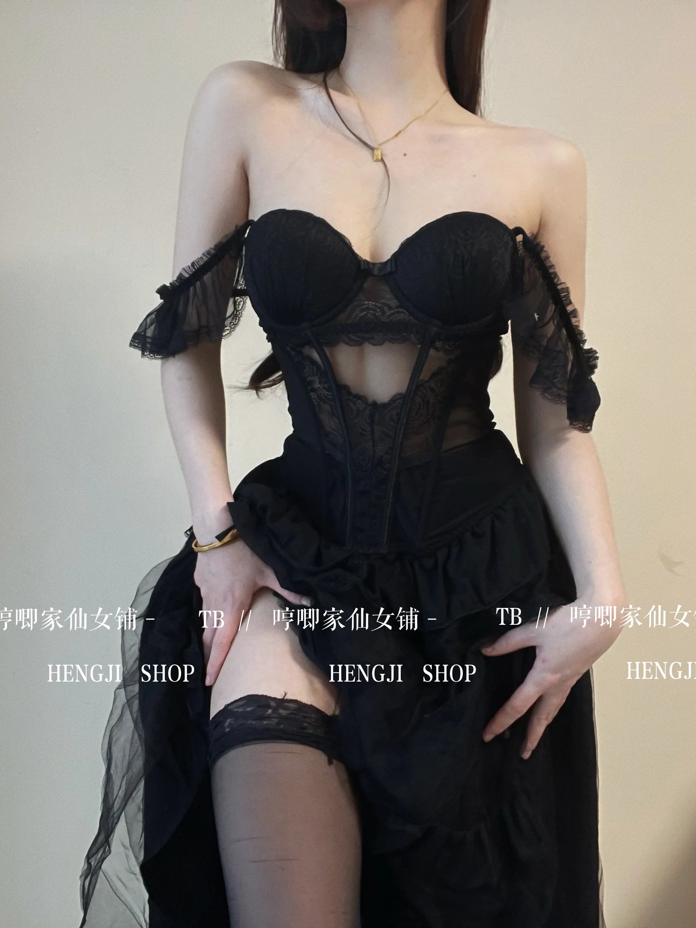 WOMENGAGA Fairy Lace Mesh Sexy Black Mini Tank Summer Beach Dress Elegant Ruffles Tops Autumn Sweet Korean Women 2022 CP8L