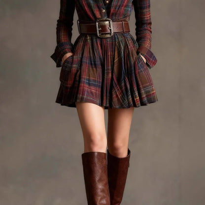 2025 European and American autumn new temperament plaid long-sleeved short skirt + belt, party dress, women's dress