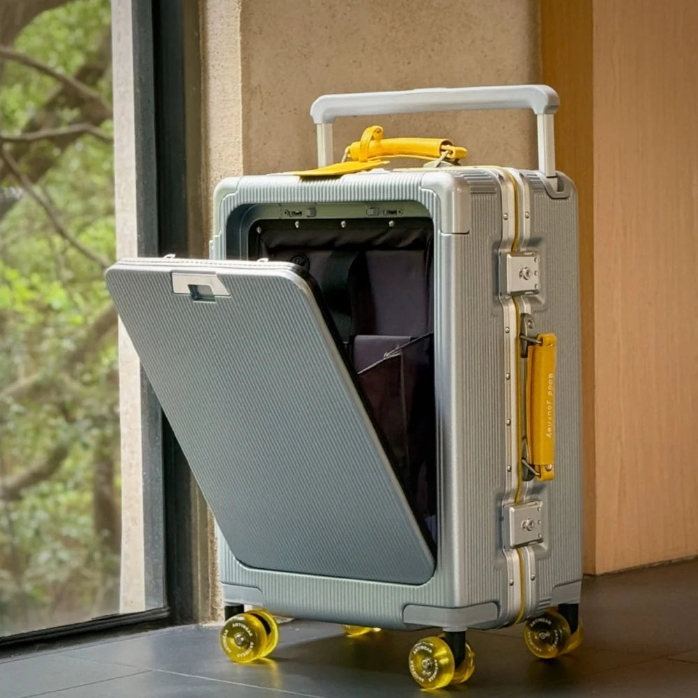 Front Opening Pocket Rolling Luggage Aluminum Frame Wide Handle Trolley Suitcase with Colorful Silent Wheels & USB Charging Plug