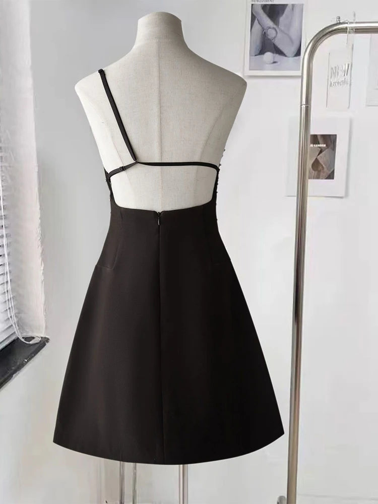 Spring Women Sleeveless Slash Neck Mini Dress New Luxury Diamonds Chest Wrapping Dresses Summer High Waist Backless A-line Dress