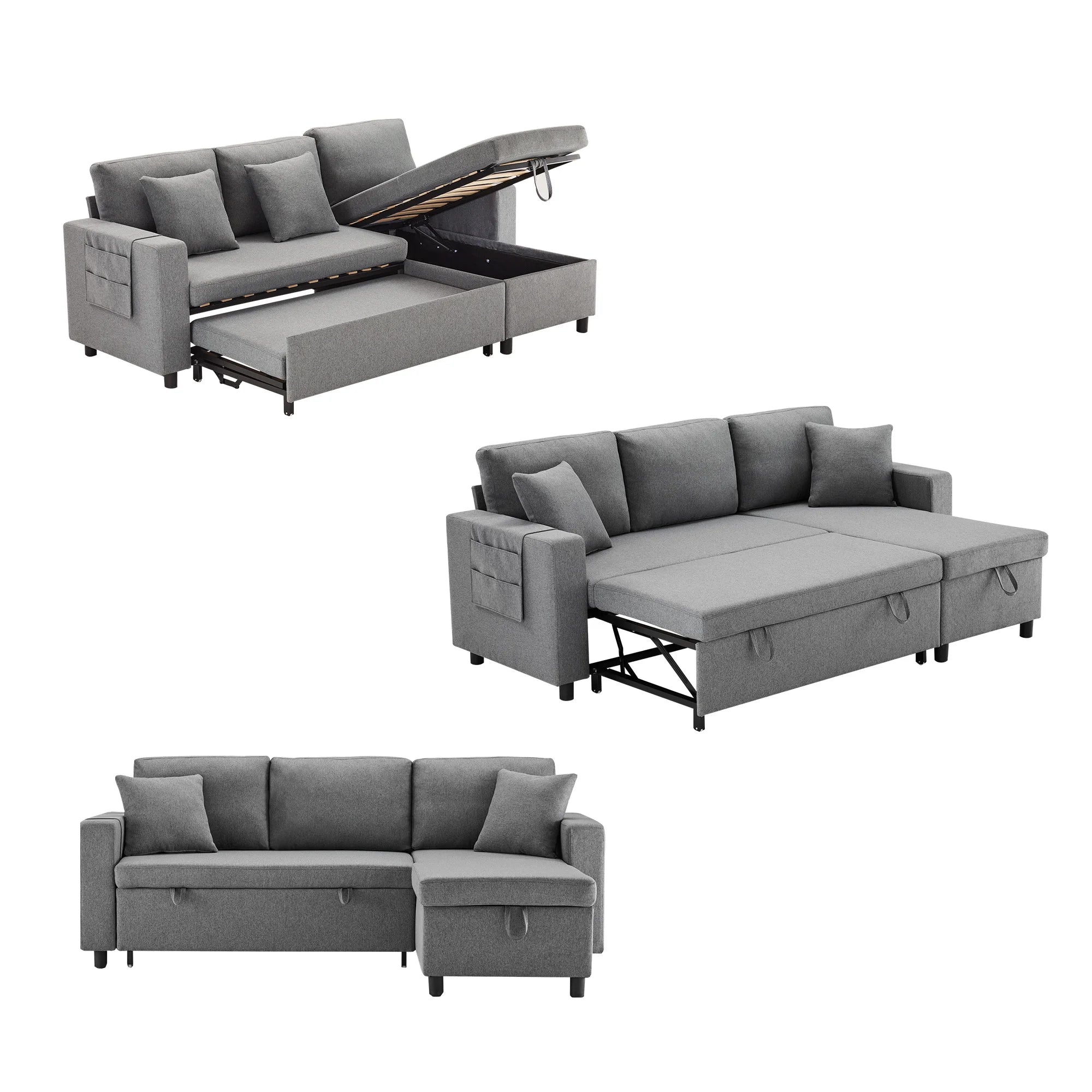 PINGGO L-Shape Sofa Bed with Sleeping Function, Convertible Armchair with Storage & Pocket Storage, Left Right Interchangeable - Kimlud