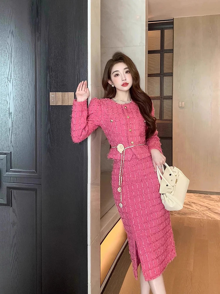Autumn Fashion Rose Red Woolen Two Piece Set Women Golden Button Chain Belt Tweed Short Jacket Coat+Split Midi Skirt Suit