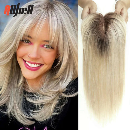 10/12/14 inches Hair Toppers for Women Brown Blonde Ombre Human Hair Toppers Silk Base Clips in Hair Extension Topper With Bangs