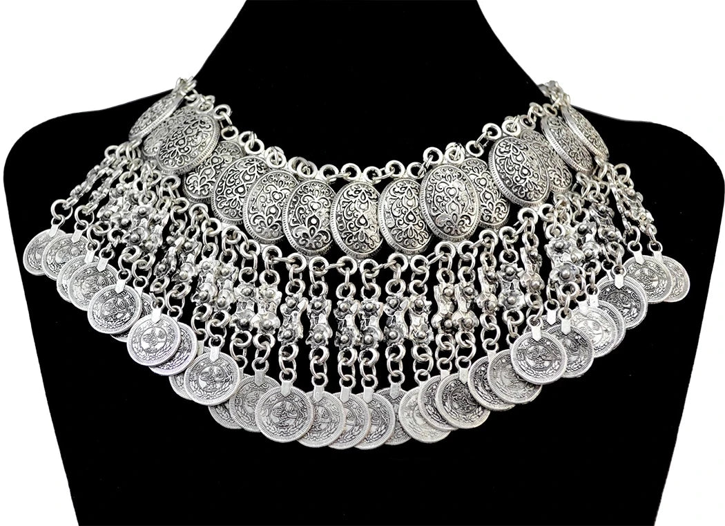 Gypsy Boehmian Hippie Collar Necklaces for Women Big Chunky Tibetan Silver Metal Necklace Festival Turkish Party Jewelry Gift