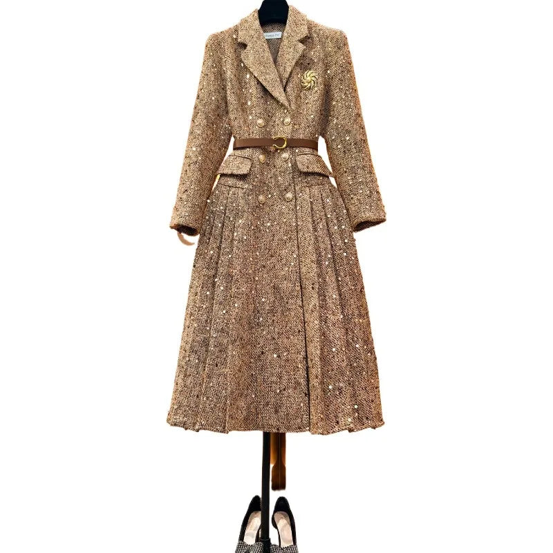 Shiny Sequins Refinement Original Light Luxury Designer Elegant Temperament Slim Fashion Waist Dress Temperament Commuting Coat