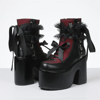 Y2k Gothic Short Boots Women Platform Chunky High Heels Bow Lace Decor Punk Fashion Women'S Ankle Boots Halloween Shoes Autumn W