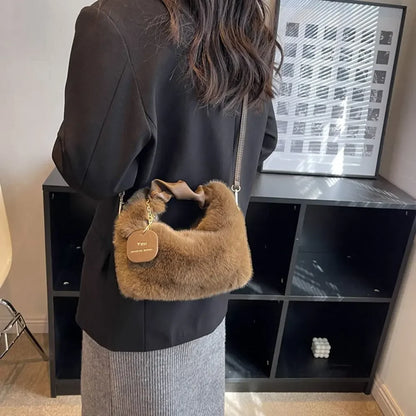 Fashionable Cute Plush Shoulder Bag for Women's Solid Color Soft Fluffy  Handbag Autumn Winter Soft Plush Crossbody Bag