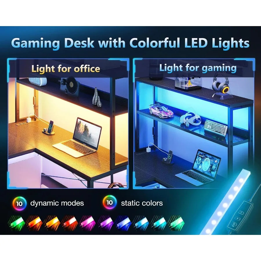 Gaming Desk with Power Outlets LED Lights 43 Inch Reversible L Shaped Computer Desk with Shelves Storage Bag Corner Desk for Ho