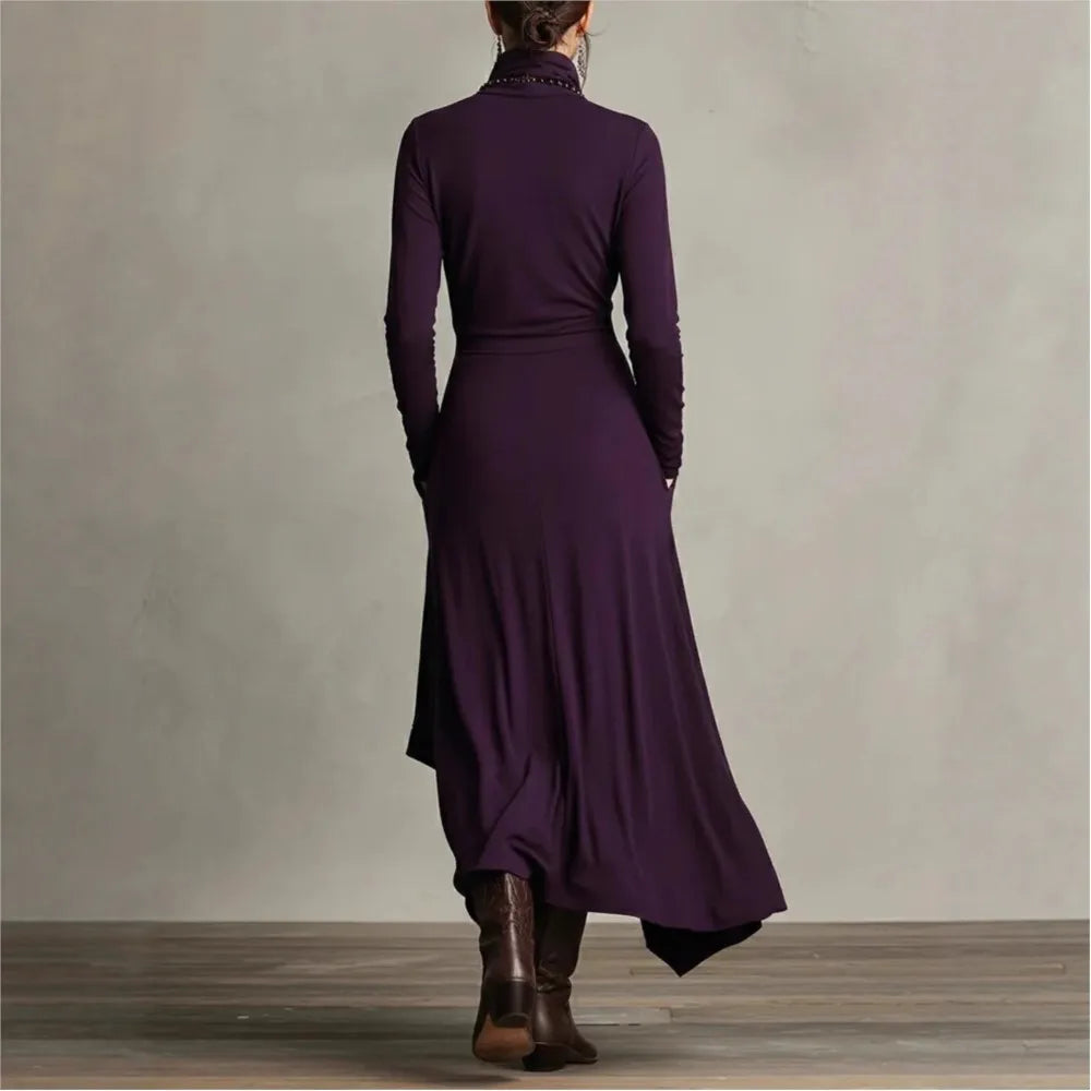 Irregular Dress Solid Color Long Sleeve Spring Autumn Women's New Cross High Neck Long Dress Vestidos Para Mujer Ropa Mujer