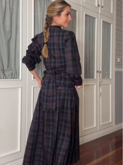 Casual V-neck Checkered Lace Up Suit Women Fashion Long Lantern Sleeves Single-breasted Slim Set 2025 Lady Commute street Outfit