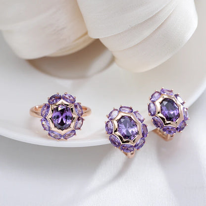 Kinel  Unusual Sparkling Oval Purple Natural Zircon Rings for Women Luxury 585 Rose Gold Color Party Daily Fine Jewelry 2023 New