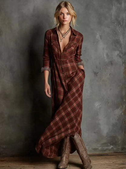 Elegant Long Sleeve Plaid Shirt Dress Fashionable Checkered Collar Dress A- Line Midi Skirt Stylish Commute Wear Polyester Fabri