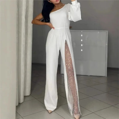 Autumn And Winter Fashion Sexy Slanted Shoulder High Slit Jumpsuit Elegant Women's Solid Color Single Shoulder Sleeve Jumpsuit