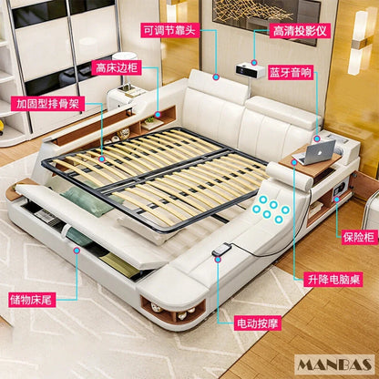 MINGDIBAO Modern Multifunctional Tech Smart Bed with Storage, USB, Speakers – King Genuine Leather Bed - Ultimate Massage Bed