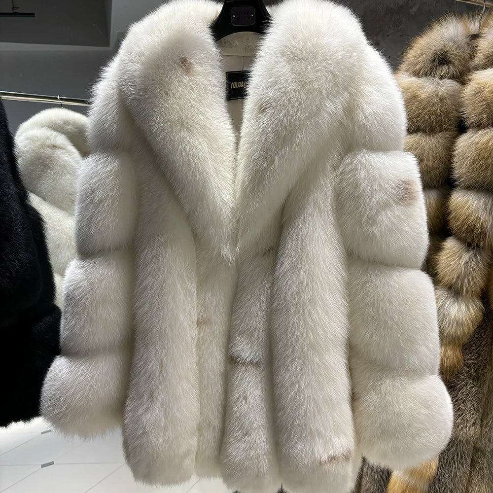 YOLOAgain Women's Luxury White Fox Fur Coat 2024 Winter Warm Real Fox Fur Jacket
