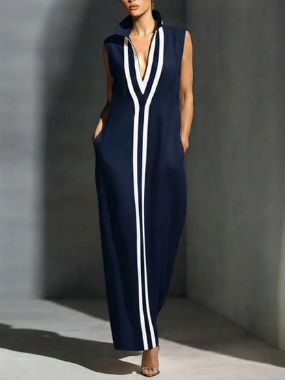 Fashion Colourblock Maxi Dress Women Casual Deep V-neck Sleeveless Loose Dresses 2026 Summer Elegant Party Street Vestidos - Kimlud