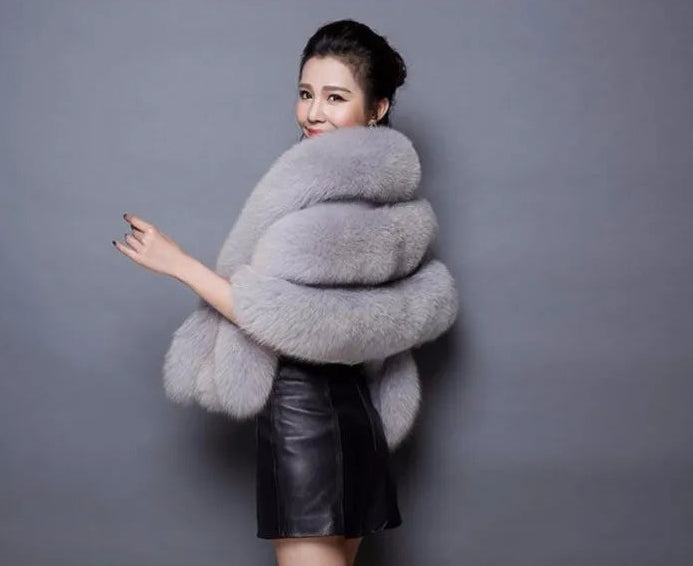 Faux Fur Fox Women Coats Shawl Cloak Coat Thick Open Stitch Elegant Maxi Warm Wedding Work Thick Outerwear Autumn Winter