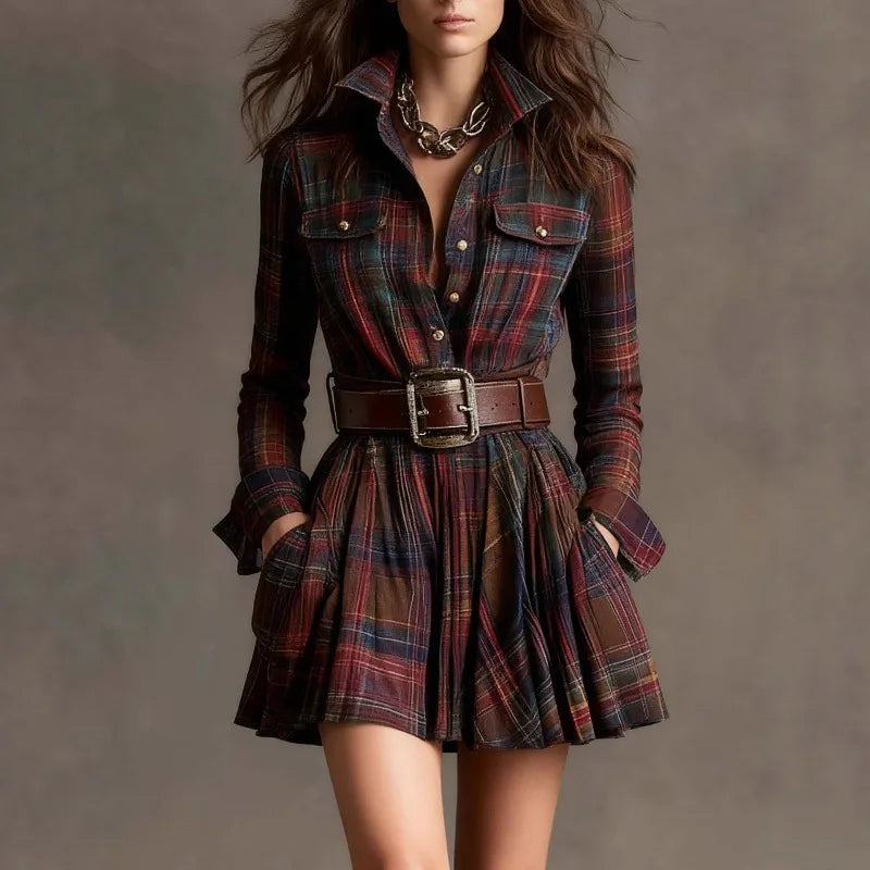 2025 European and American autumn new temperament plaid long-sleeved short skirt + belt, party dress, women's dress