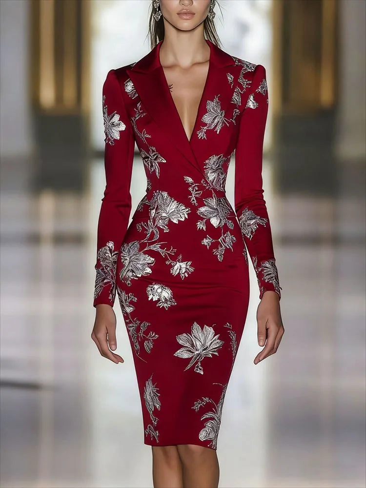 Elegant Luxury Floral Print Bodycon Midi Dress Retros V-neck Long Sleeve Fit Banquet Dress Temperament High Waist Wrap Hip Dress