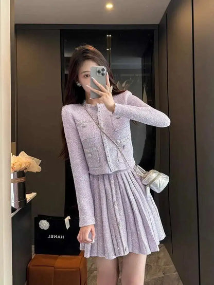 Autumn Winter Knitted Two Piece Women Set Diamonds Beading Jackets Caridgants Short Skirts Suits 2pcs Outfits