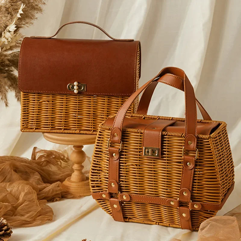 Rattan Woven Handbag with Storage Box Forest Department Pastoral Beach Holiday Wind Female Bag INS Wind Handbag