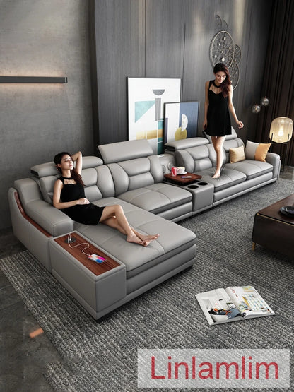 Beautify Your Living Room with Linlamlim Italian Genuine Leather Sofa - Bluetooth Speaker, Adjustable Headrests and USB...