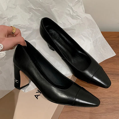 MKKHOU Fashion Shoes New High Quality Genuine Leather Shoes Color blocked Round Head Shallow Mouth High Heels Women's Shoes - Kimlud