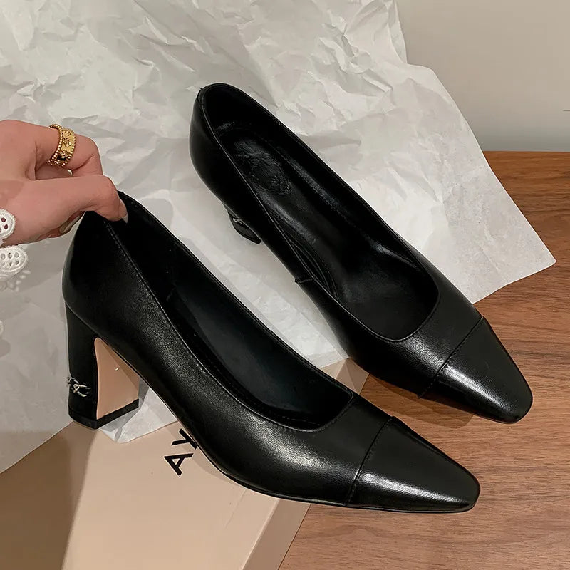 MKKHOU Fashion Shoes New High Quality Genuine Leather Shoes Color blocked Round Head Shallow Mouth High Heels Women's Shoes - Kimlud