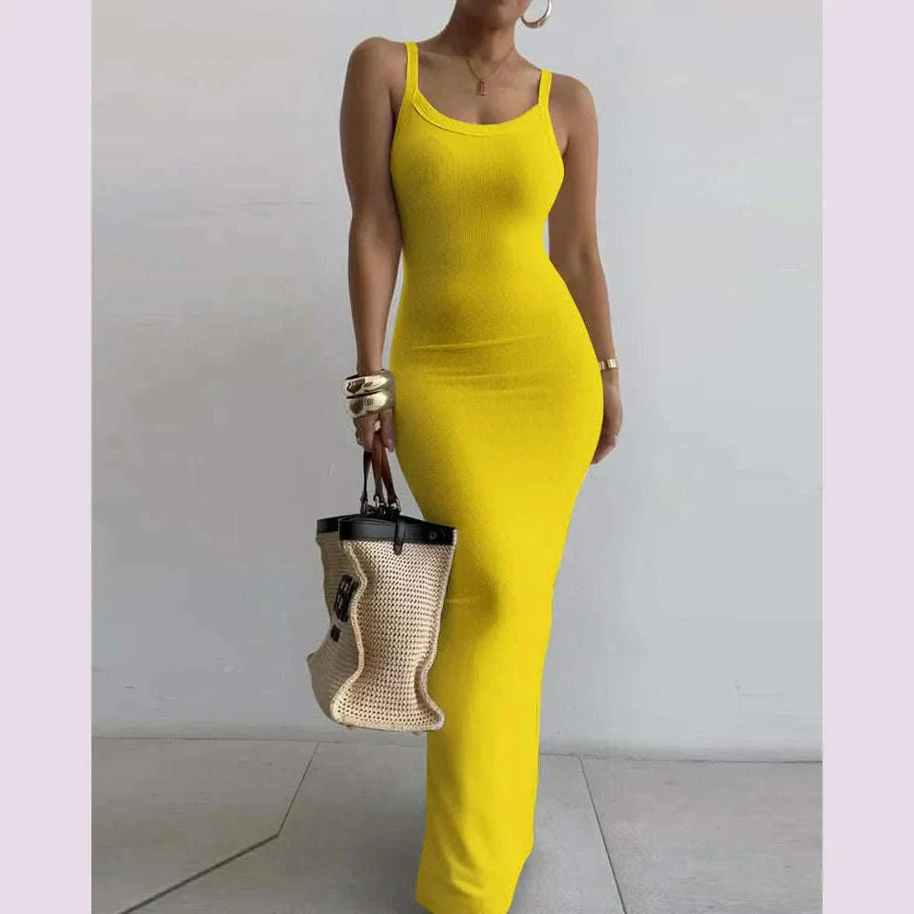 2025 Women s Sleeveless Strap O neck Sexy Belt Colorful Printed Long Skirt Evening Dress Y2k Sleeveless Solid Color Tight Fit