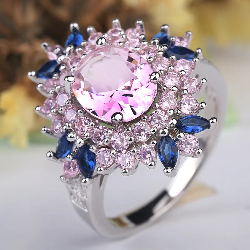 Fasion Real Solid 925 Sterling Silver Ring Women Gift AAA Multi Color Zircon Jewelry Blue Pave Flower Wedding Silver Rings Gift