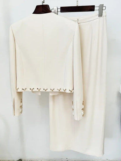 HIGH QUALITY Newest Fashion 2025  Designer Suit Set Women's Rhinestone Diamonds Beaded Cardigan Jacket Split Half Skirt Set 2pcs
