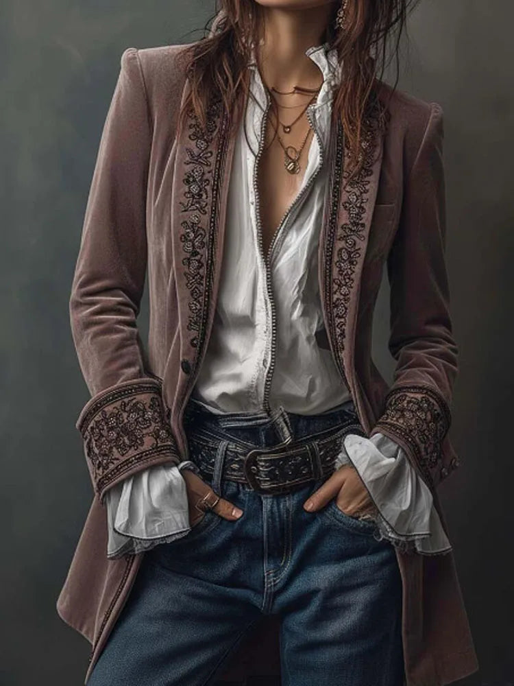 Autumn Causal Long Sleeve Women's Outercoat Winter Elegant Patchwork Lace Velvet Slim Coat Vintage Pattern Print Cardigan Jacket