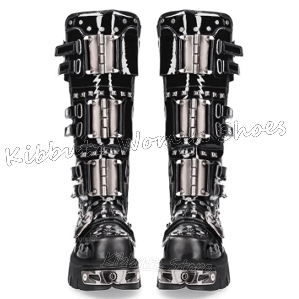 Knee High Boot Metal Decor Punk Rock Gothic Dark Style Round Toe Flat with Leather Solid Color Fashion Luxury Concise Shoes New