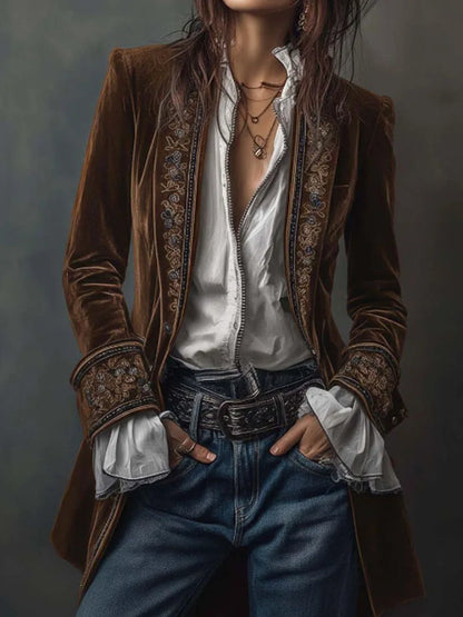 Autumn Causal Long Sleeve Women's Outercoat Winter Elegant Patchwork Lace Velvet Slim Coat Vintage Pattern Print Cardigan Jacket