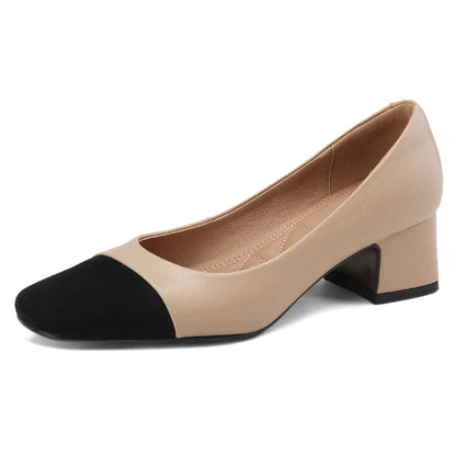 danxuefei plus size 34-42 women's genuine leather square toe slip-on pumps OL style elegant ladies 5cm thick low heel shoes sale - Kimlud