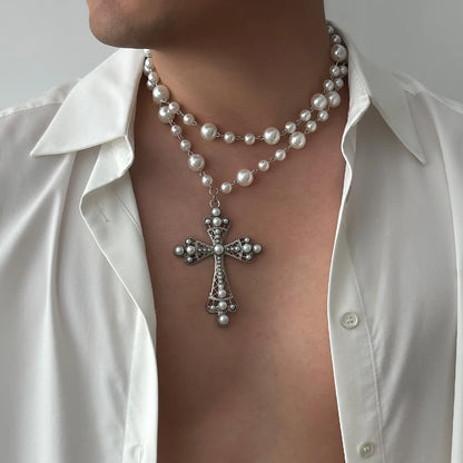 IngeSight.Z Charm Elegant Imitation Pearl Choker Necklace for Men Women New Goth Jesus Cross Pendant Necklace Male Party Jewelry
