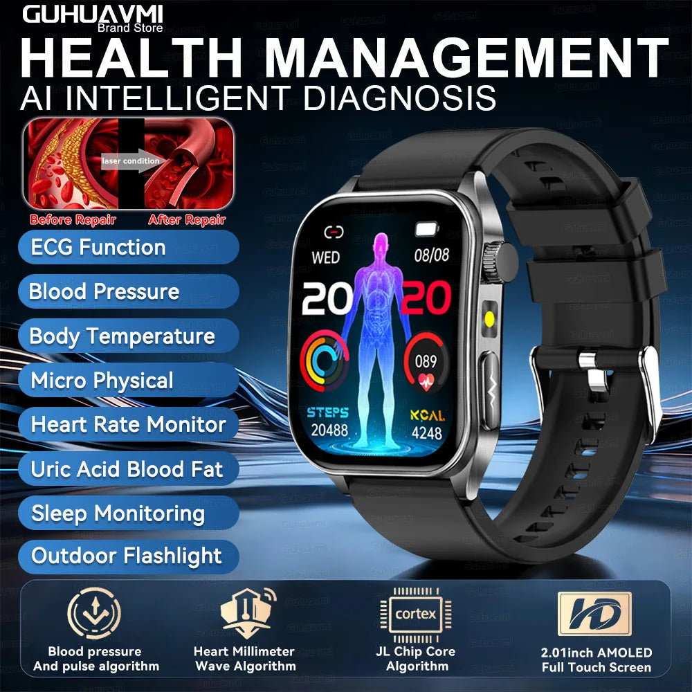 2025Hot AI-GPT Diagosis ECG Health SmartWatch Blood Pressure Lipid Uric Acid 650nm Dual-Probelaser Heart Analysis Smart bracelet